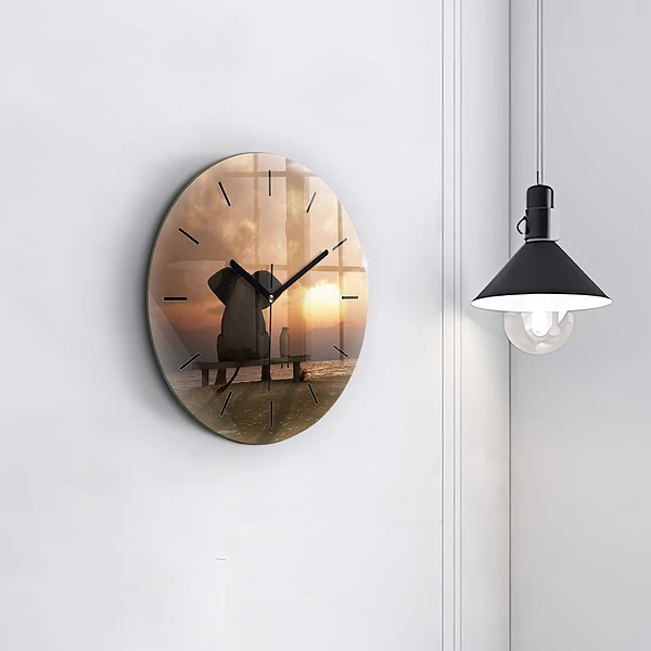 Wanduhr glas rund Tiere im Sonnenuntergang