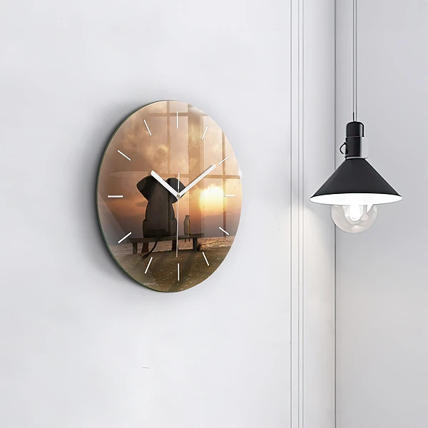 Wanduhr glas rund Tiere im Sonnenuntergang