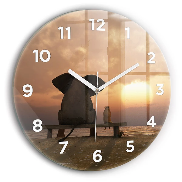 Wanduhr glas rund Tiere im Sonnenuntergang
