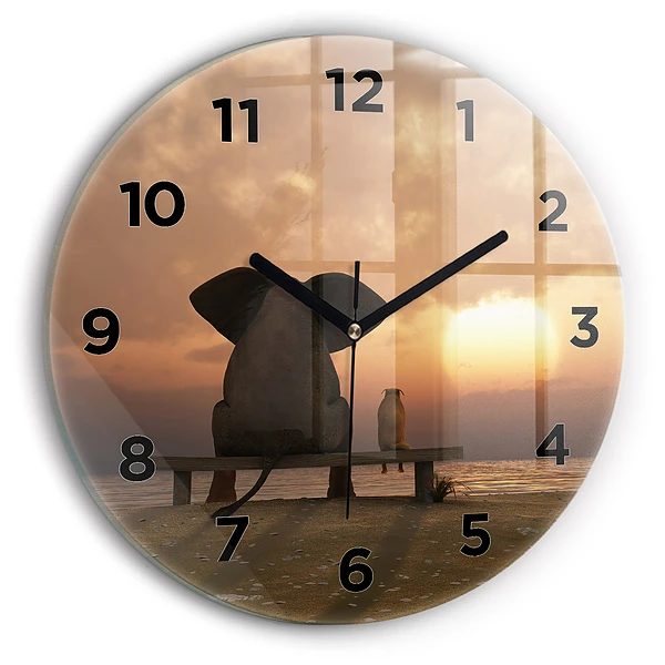 Wanduhr glas rund Tiere im Sonnenuntergang