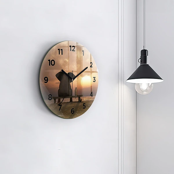 Wanduhr glas rund Tiere im Sonnenuntergang