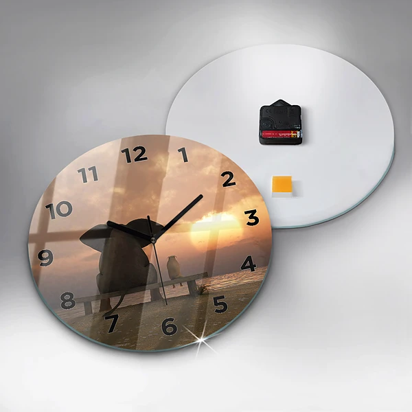Wanduhr glas rund Tiere im Sonnenuntergang