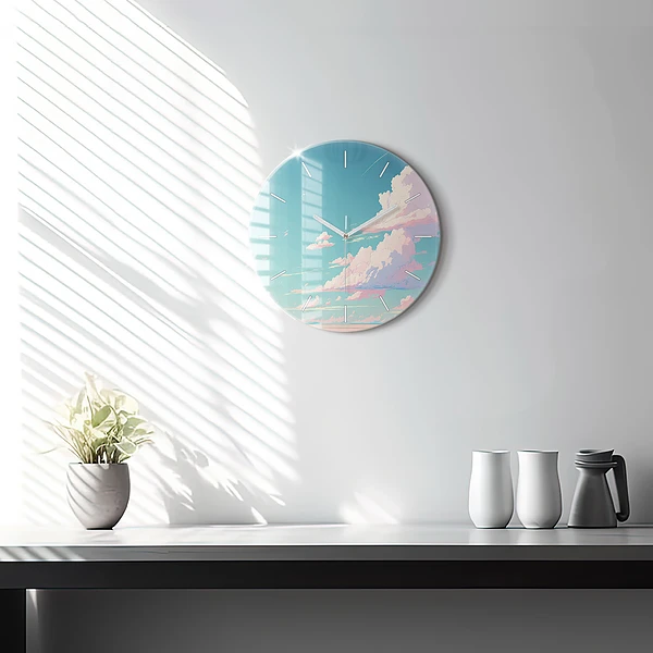 Wanduhr glas rund Pastellfarbener Himmel