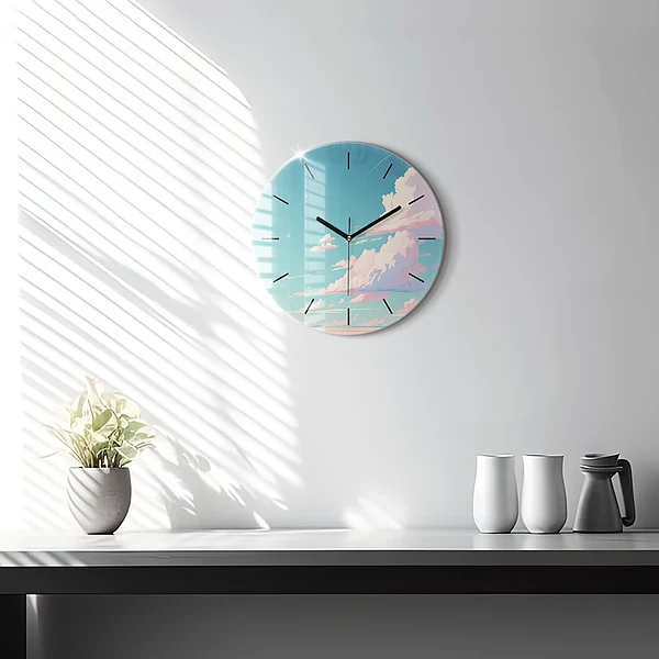 Wanduhr glas rund Pastellfarbener Himmel