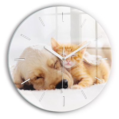 Wanduhr glas rund Schlafende Katze und Hund