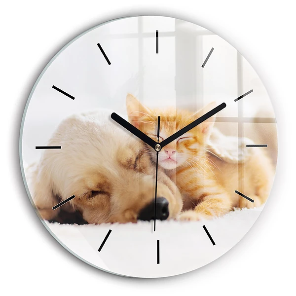 Wanduhr glas rund Schlafende Katze und Hund