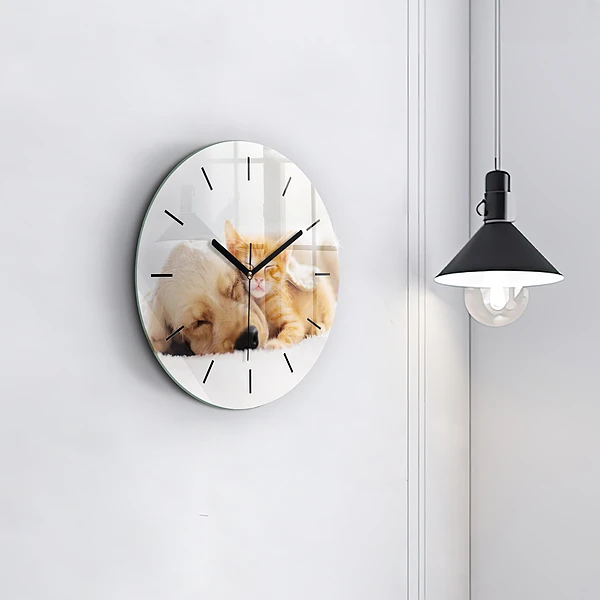 Wanduhr glas rund Schlafende Katze und Hund
