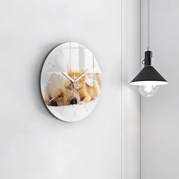 Wanduhr glas rund Schlafende Katze und Hund