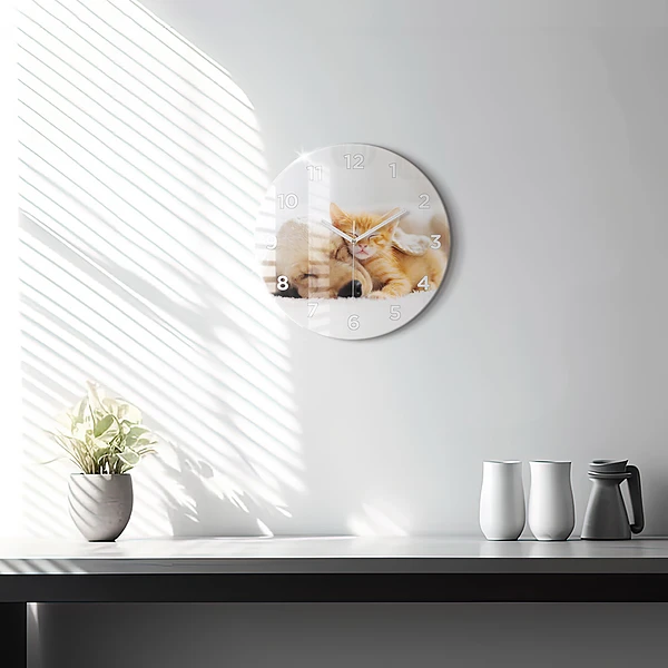 Wanduhr glas rund Schlafende Katze und Hund