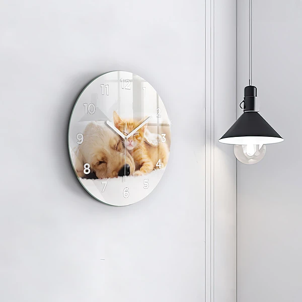 Wanduhr glas rund Schlafende Katze und Hund