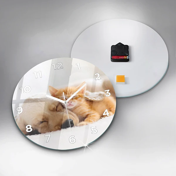 Wanduhr glas rund Schlafende Katze und Hund
