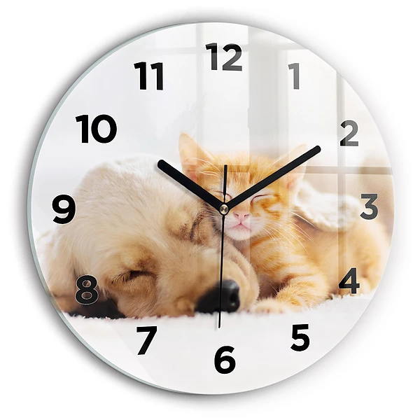 Wanduhr glas rund Schlafende Katze und Hund