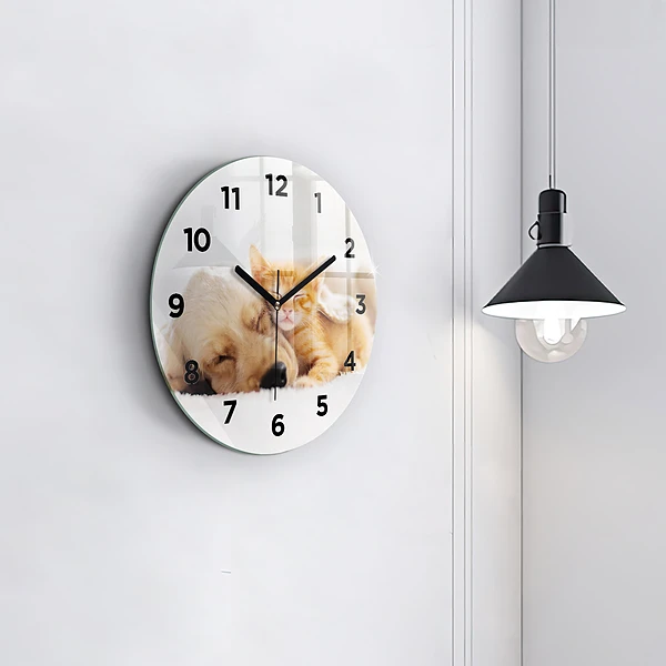 Wanduhr glas rund Schlafende Katze und Hund