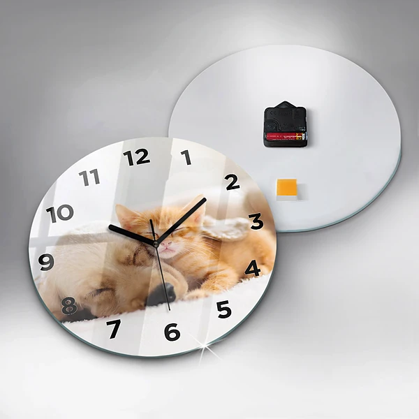 Wanduhr glas rund Schlafende Katze und Hund