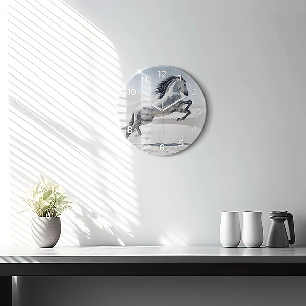 Wanduhr rund mit motiv Galoppierendes weißes Pferd
