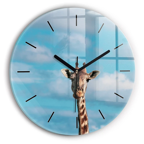 Wanduhr glas rund Große Giraffe vor einem Himmelshintergrund