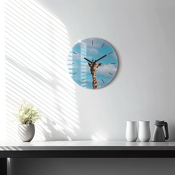 Wanduhr glas rund Große Giraffe vor einem Himmelshintergrund