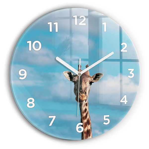 Wanduhr glas rund Große Giraffe vor einem Himmelshintergrund