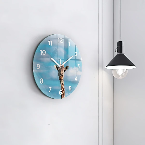 Wanduhr glas rund Große Giraffe vor einem Himmelshintergrund