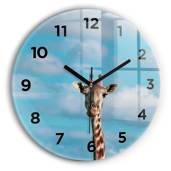 Wanduhr glas rund Große Giraffe vor einem Himmelshintergrund