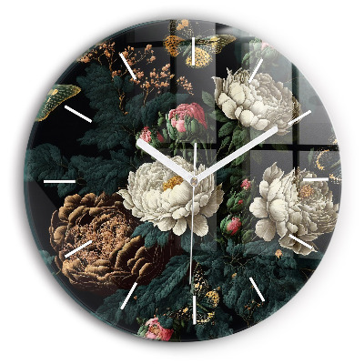 Wanduhr glas rund Blume und goldene Schmetterlinge