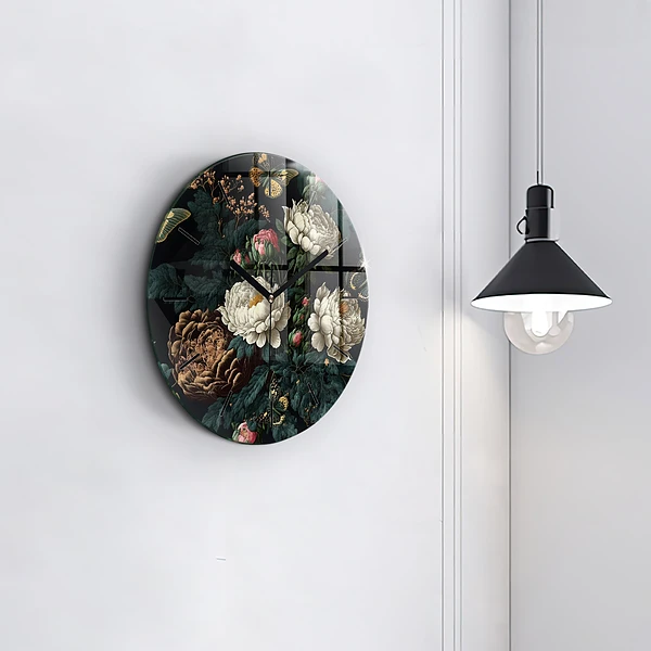 Wanduhr glas rund Blume und goldene Schmetterlinge