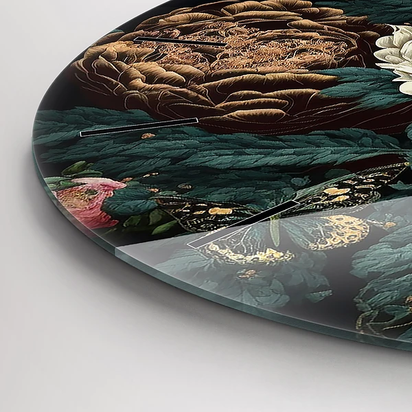 Wanduhr glas rund Blume und goldene Schmetterlinge
