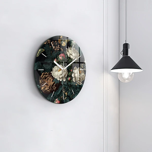 Wanduhr glas rund Blume und goldene Schmetterlinge