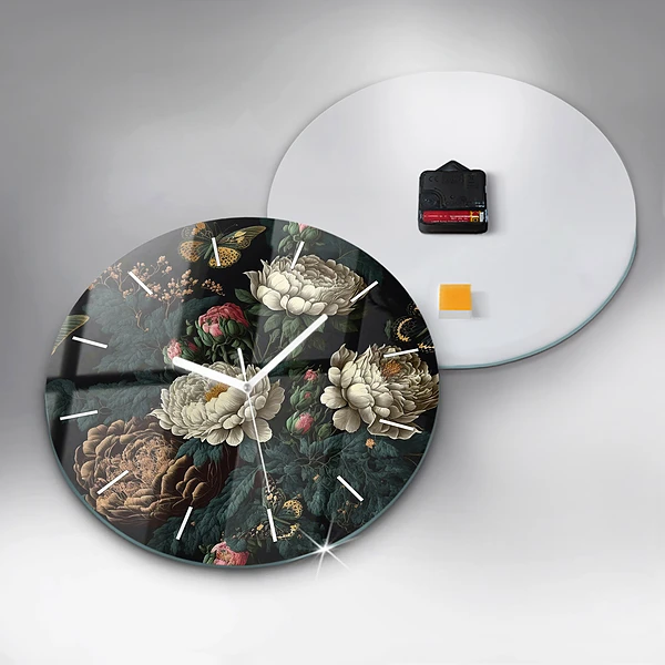 Wanduhr glas rund Blume und goldene Schmetterlinge