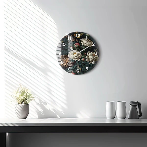 Wanduhr glas rund Blume und goldene Schmetterlinge