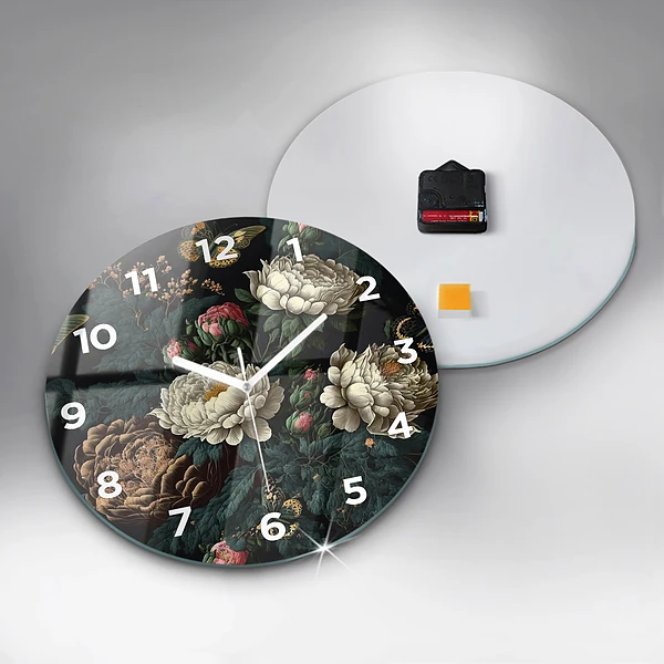 Wanduhr glas rund Blume und goldene Schmetterlinge