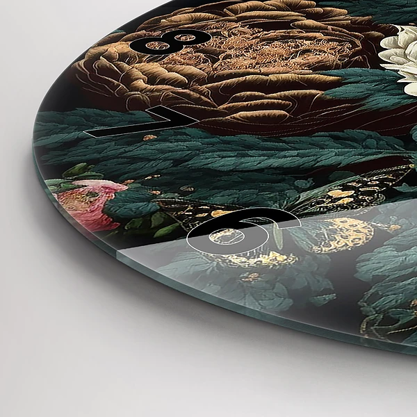 Wanduhr glas rund Blume und goldene Schmetterlinge