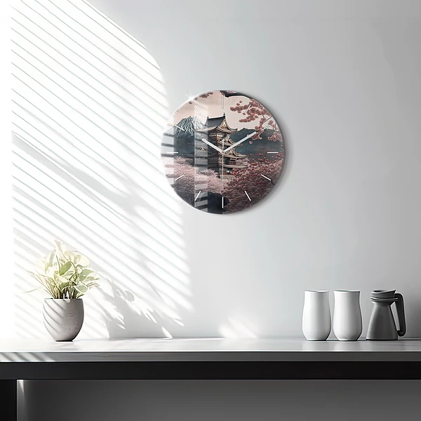 Wanduhr rund Asiatischer Turm Kirschblüten