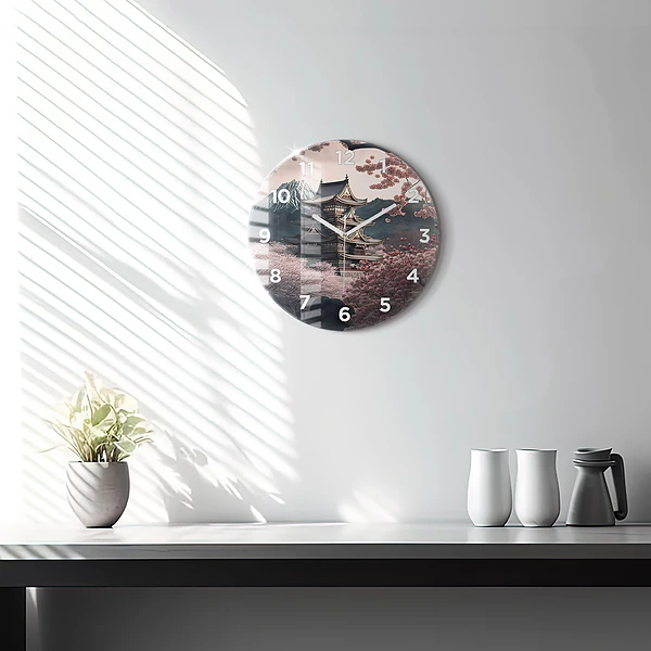 Wanduhr rund Asiatischer Turm Kirschblüten