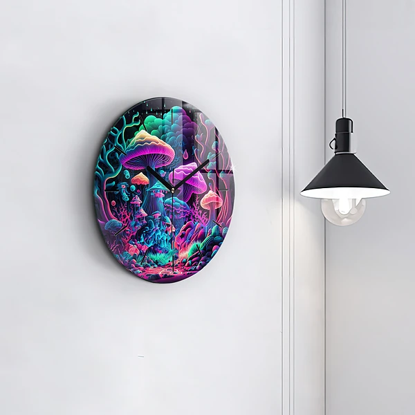 Wanduhr rund mit motiv Neon-Pilze