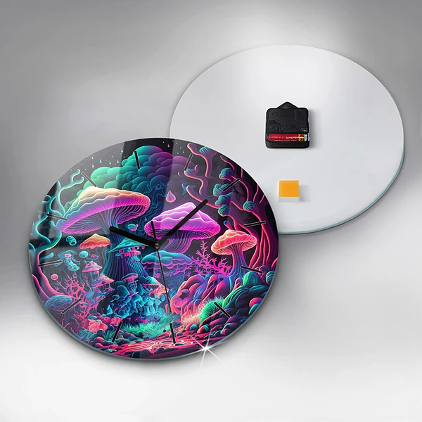Wanduhr rund mit motiv Neon-Pilze