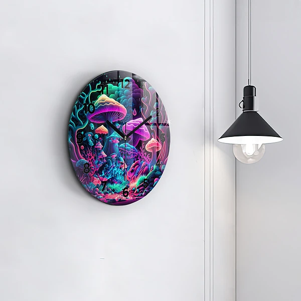 Wanduhr rund mit motiv Neon-Pilze