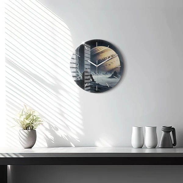 Wanduhr glas rund Mann auf Mond Hintergrund