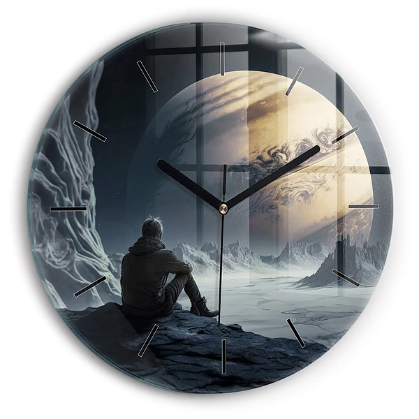 Wanduhr glas rund Mann auf Mond Hintergrund