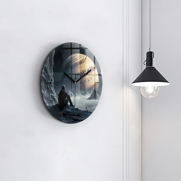 Wanduhr glas rund Mann auf Mond Hintergrund
