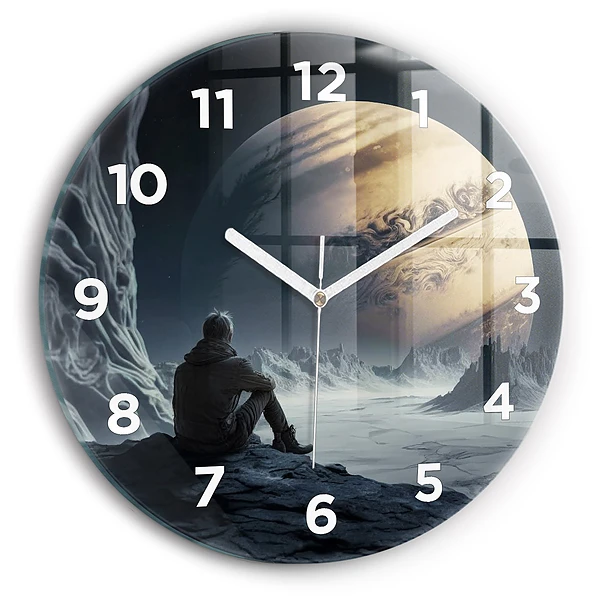 Wanduhr glas rund Mann auf Mond Hintergrund