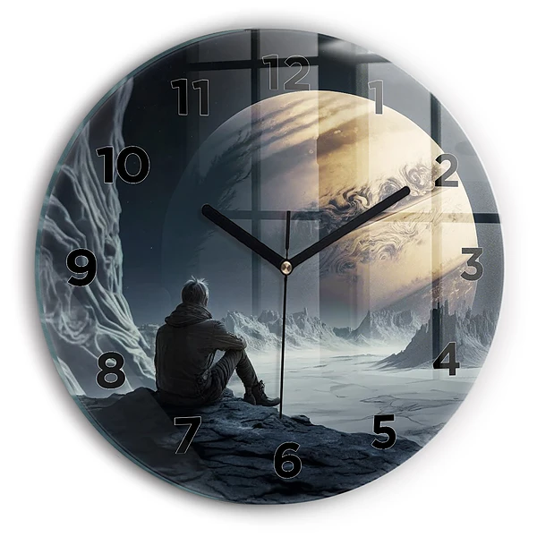 Wanduhr glas rund Mann auf Mond Hintergrund
