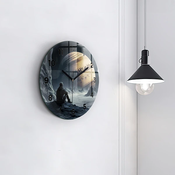 Wanduhr glas rund Mann auf Mond Hintergrund