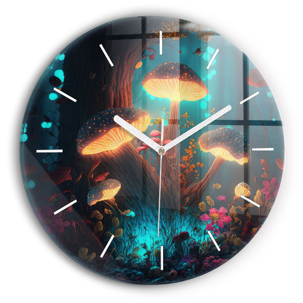 Wanduhr glas rund Wald und Zauberpilze