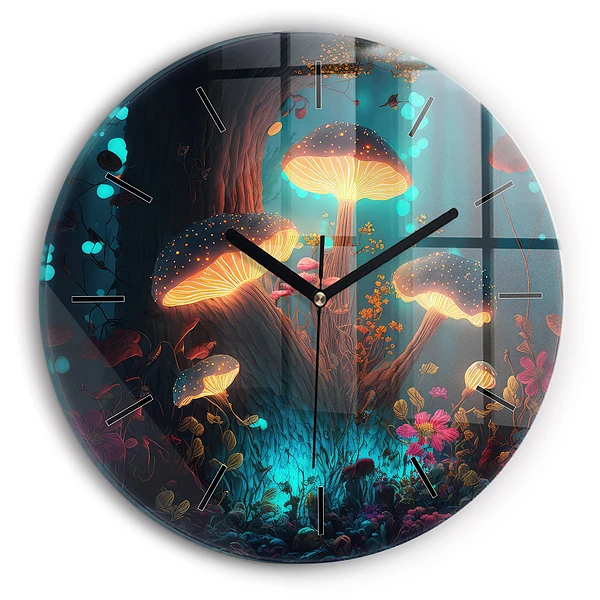 Wanduhr glas rund Wald und Zauberpilze