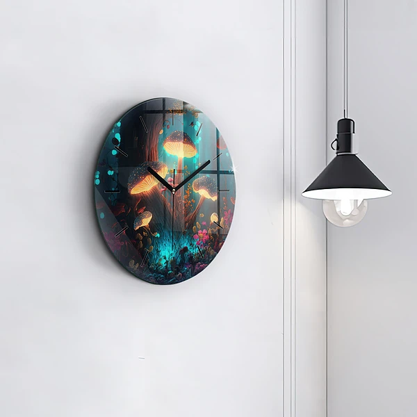 Wanduhr glas rund Wald und Zauberpilze