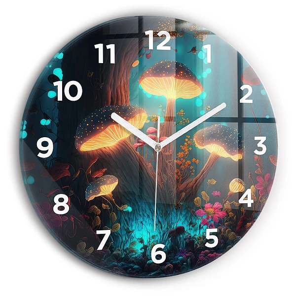 Wanduhr glas rund Wald und Zauberpilze