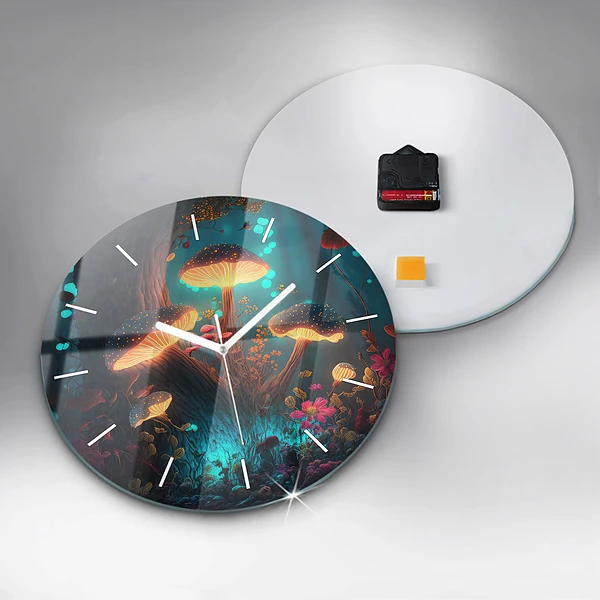 Wanduhr glas rund Wald und Zauberpilze