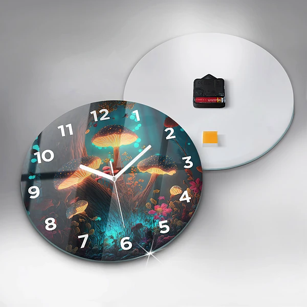 Wanduhr glas rund Wald und Zauberpilze