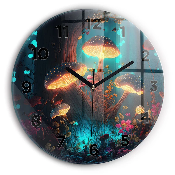 Wanduhr glas rund Wald und Zauberpilze